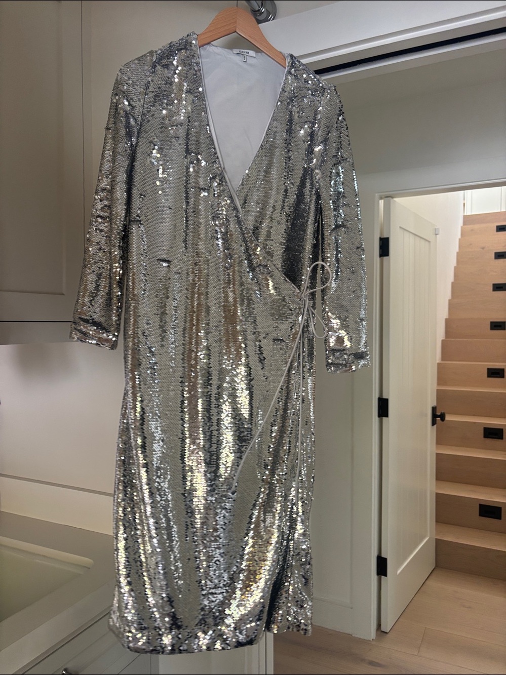 Ganni Silver Satin Midi Dress